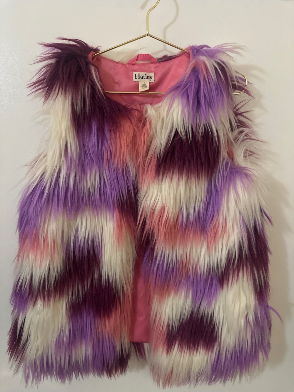 Hatley Faux Fur Vest Girls Size 7 Pink Purple white Stripe Shaggy Vest